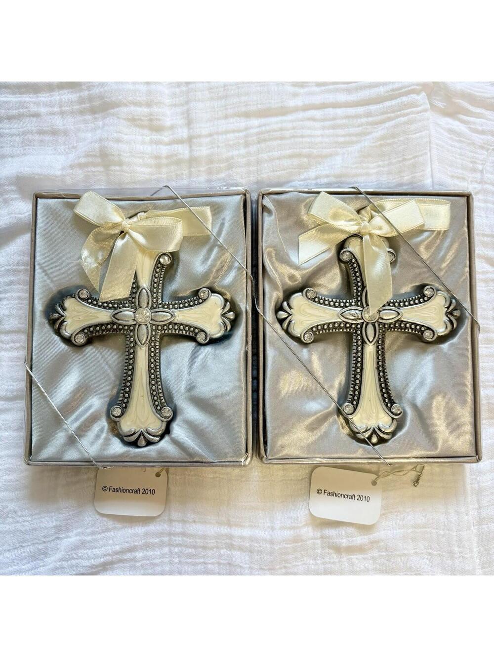 Ivory Cross Ornament Gift w Crystals 4x3 Boxed Baptism Communion Favor